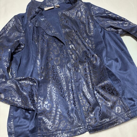 Chico's Navy Shiny Snakeskin Soft Suede Open Front L/S Jacket Size 1- Medium M - Picture 13 of 13